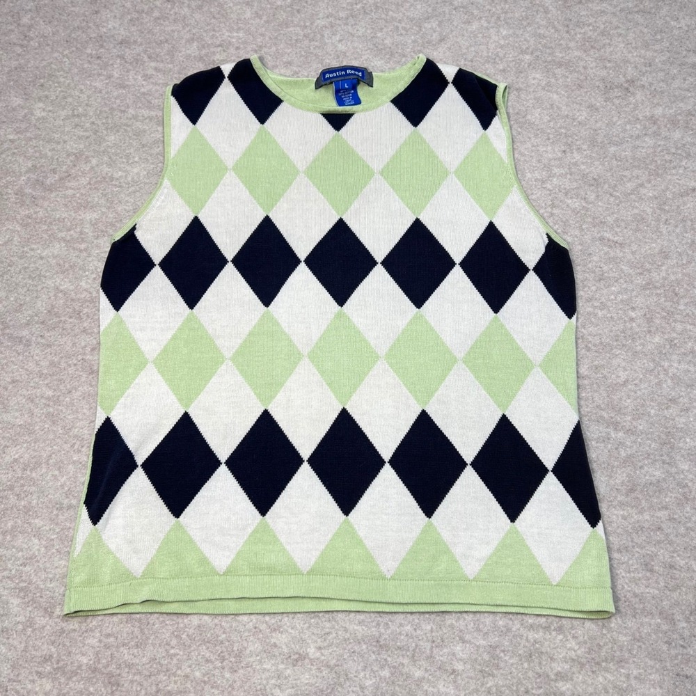 Austin Reed Silk Cotton Argyle Sweater Vest Green Womens Large EUC Preppy